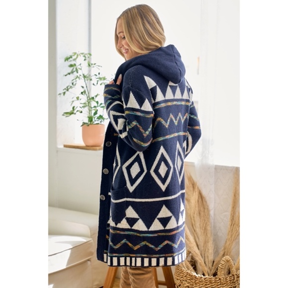 SOLD OUT Navy Rainbow Aztec Sherpa Lined Knit Button Hooded Cardigan Long Sleeve - Picture 7 of 7
